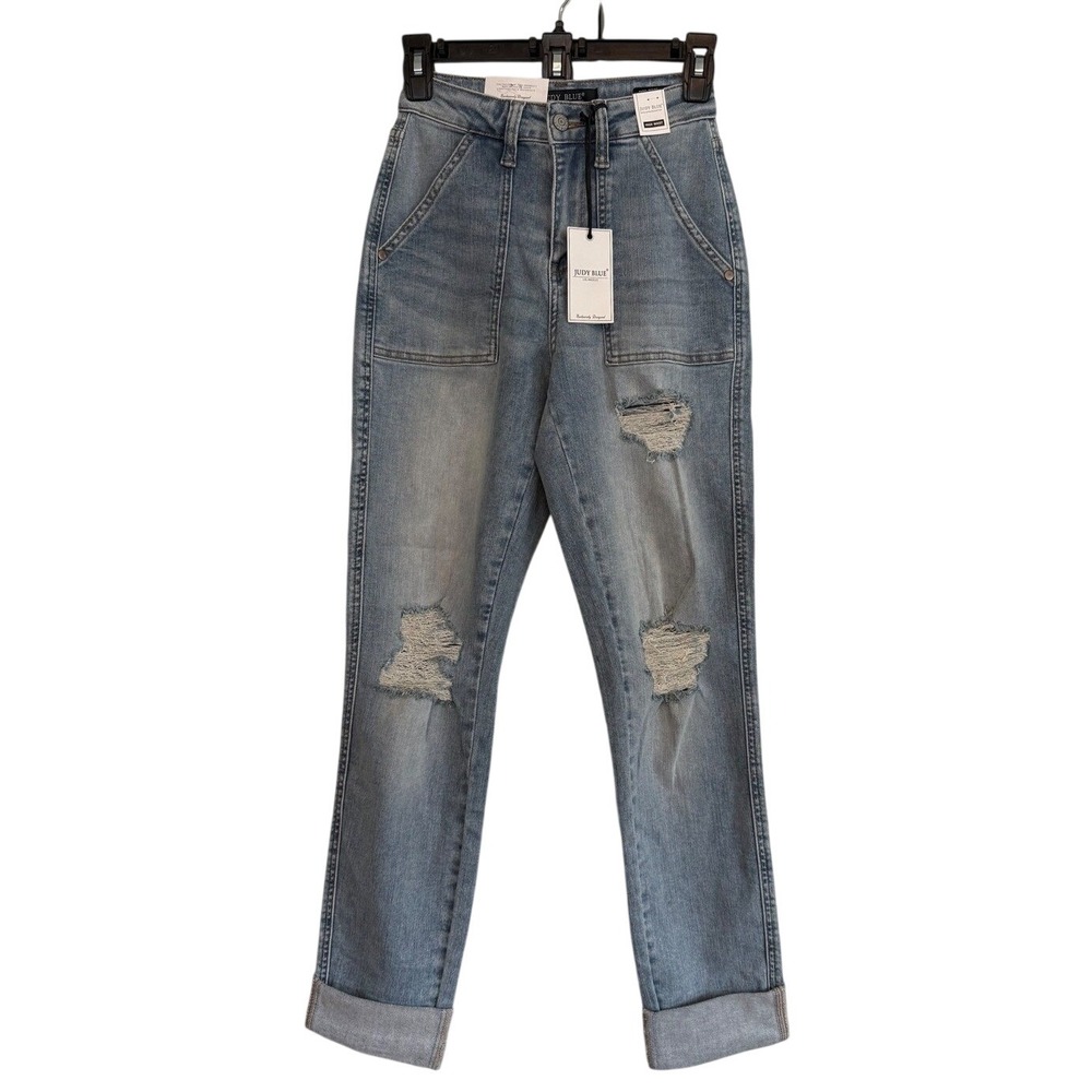 Judy Blue High Waist Boyfriend Fit Distressed Jeans Light Wash 0/24 NWT Stretch